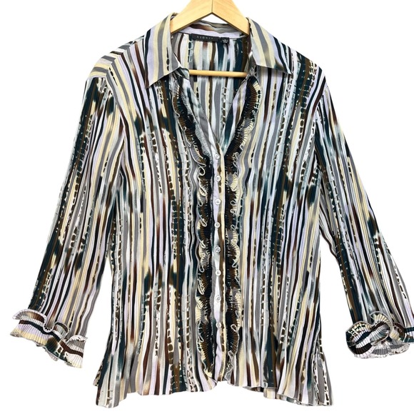 Sioni Ruffle Front Abstract Stripe‎ Pleated Blouse Bell Sleeves Multicolor XL - Picture 1 of 7